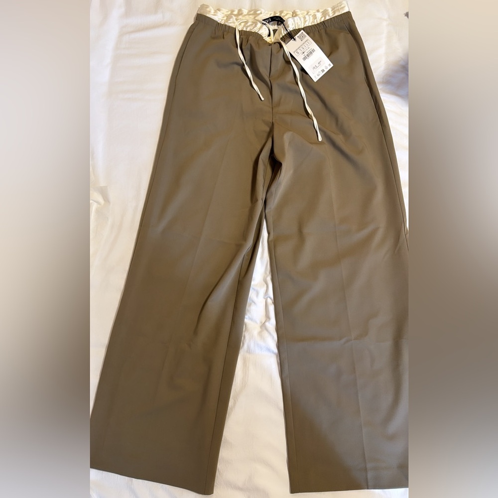 Zara Satin Effect Waistband Pants in Light Camel
